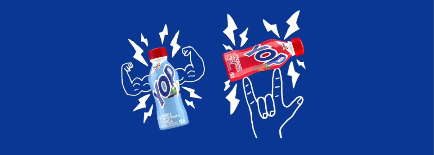 Produits Yop avec des graphiques derrière eux