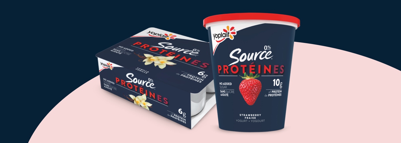 Front pack shots of a tub of strawberry source protein, and a 6 pack of vanilla source protein cups