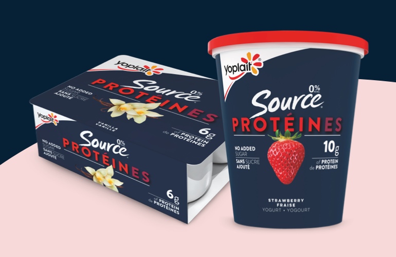 Front pack shots of a tub of strawberry source protein, and a 6 pack of vanilla source protein cups
