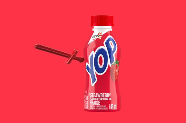 Image of a YOP strawberry drink holding a sword